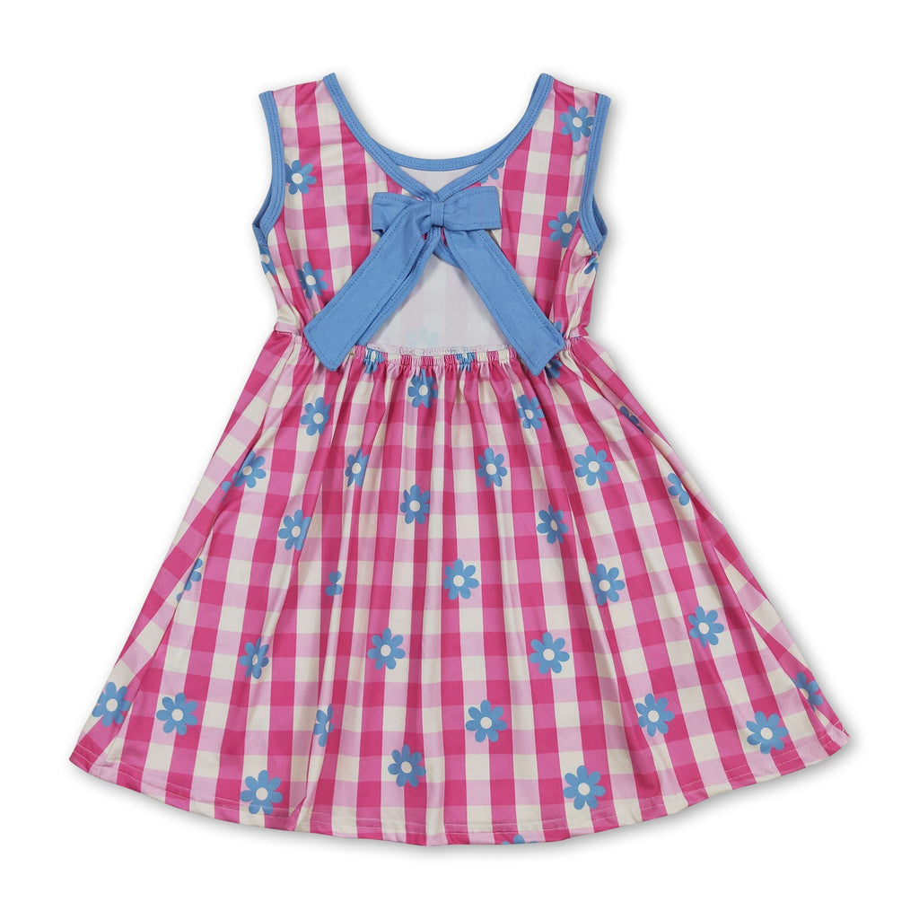 Hot pink plaid floral sleeveless kids girls dresses