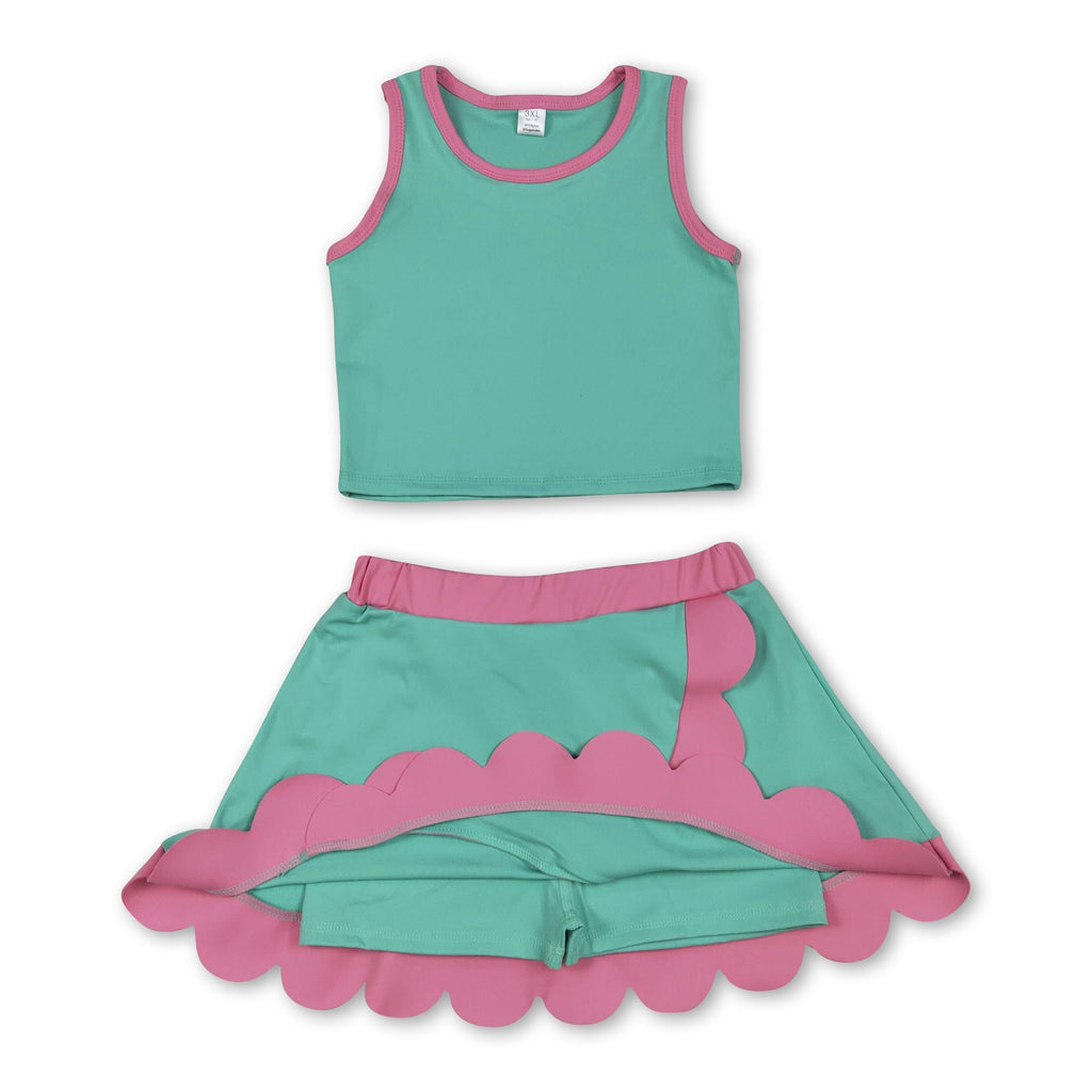 Sleeveless mint pink scallop kids girls active wear set