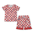 Short sleeves plaid stars kids girls 4th of july outfit