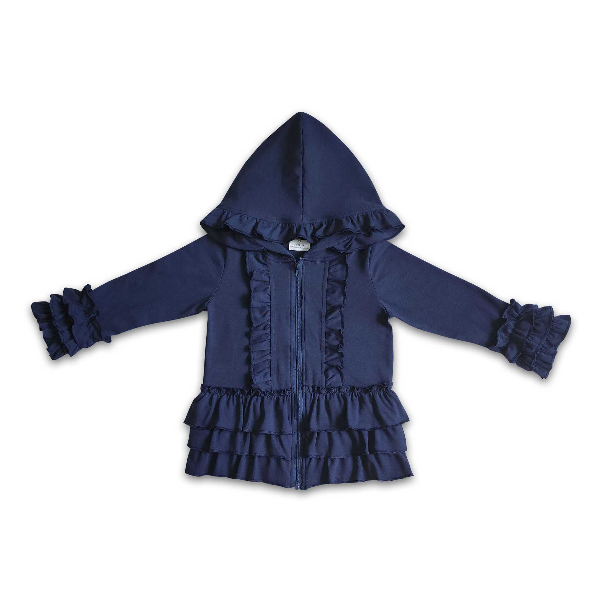 Solid blue zipper jacket girls ruffle hoodie cardigan