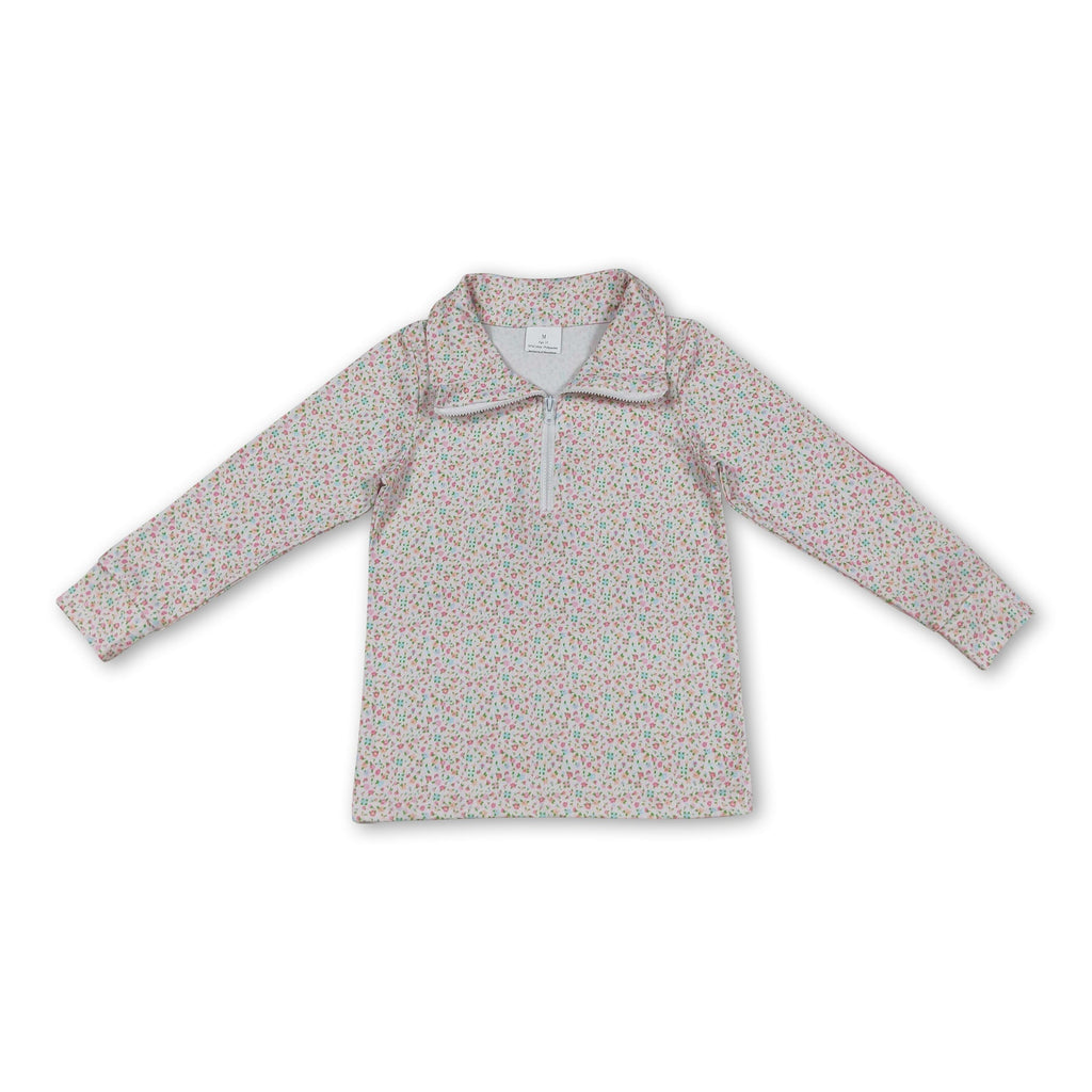 Long sleeves floral kids girls zipper pullover