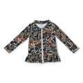 Long sleeves brown camo ruffle zipper girls yoga top