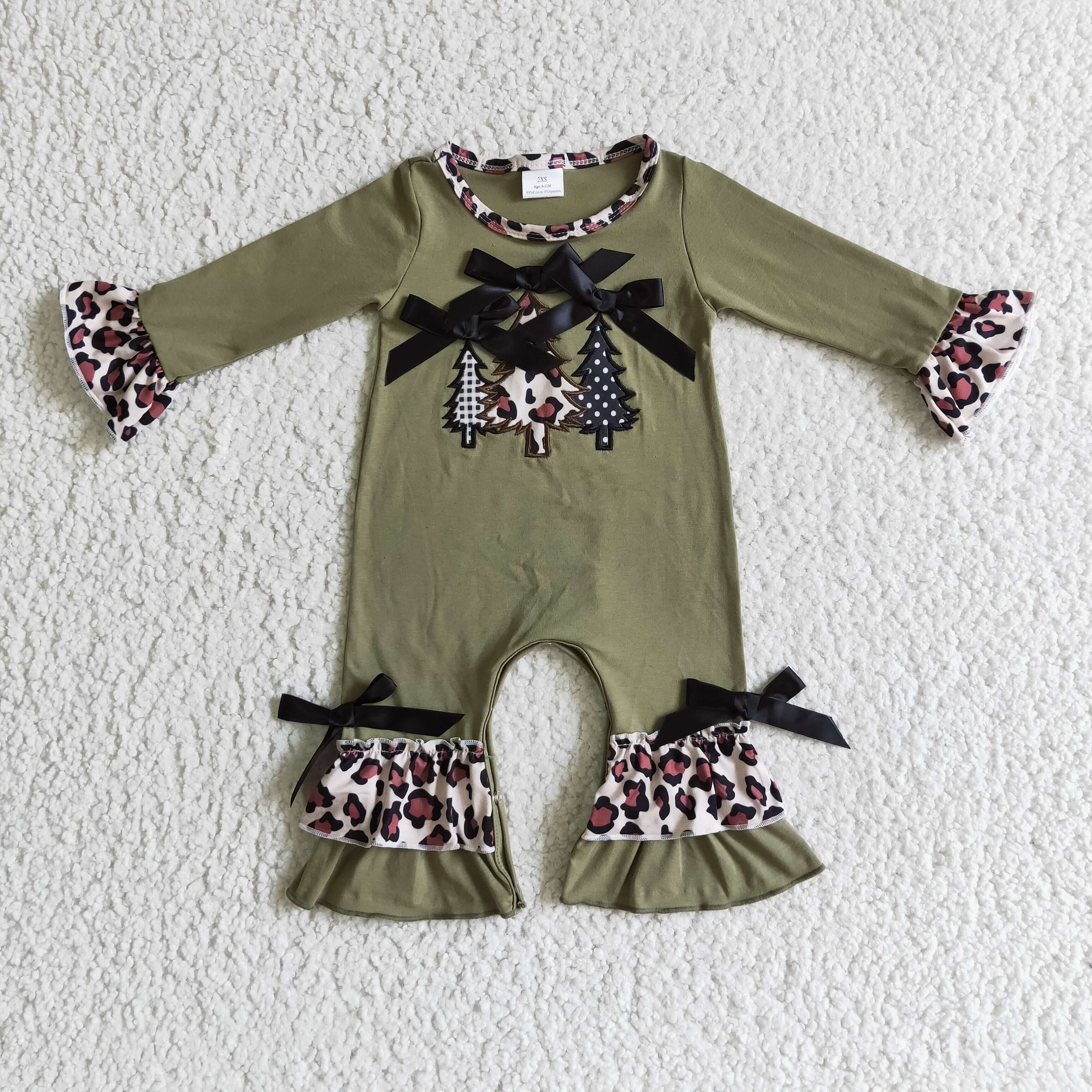 Christmas tree embroidery olive cotton baby Christmas romper