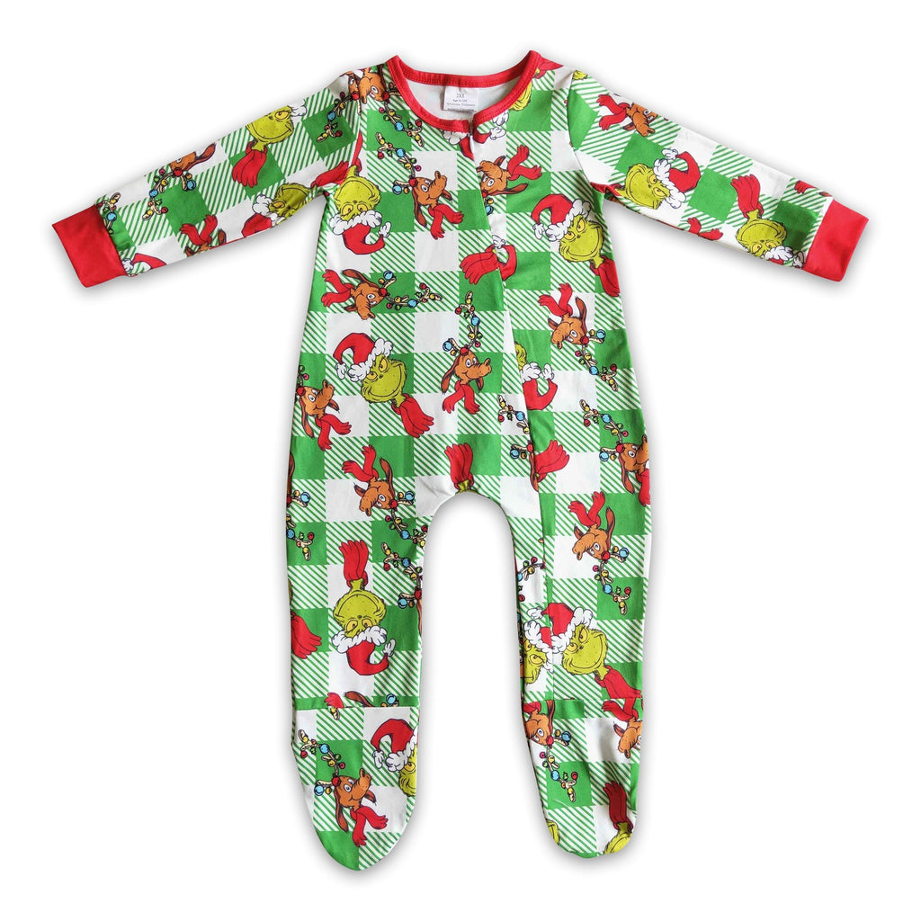 Plaid green face baby kids Christmas zipper footed coverall