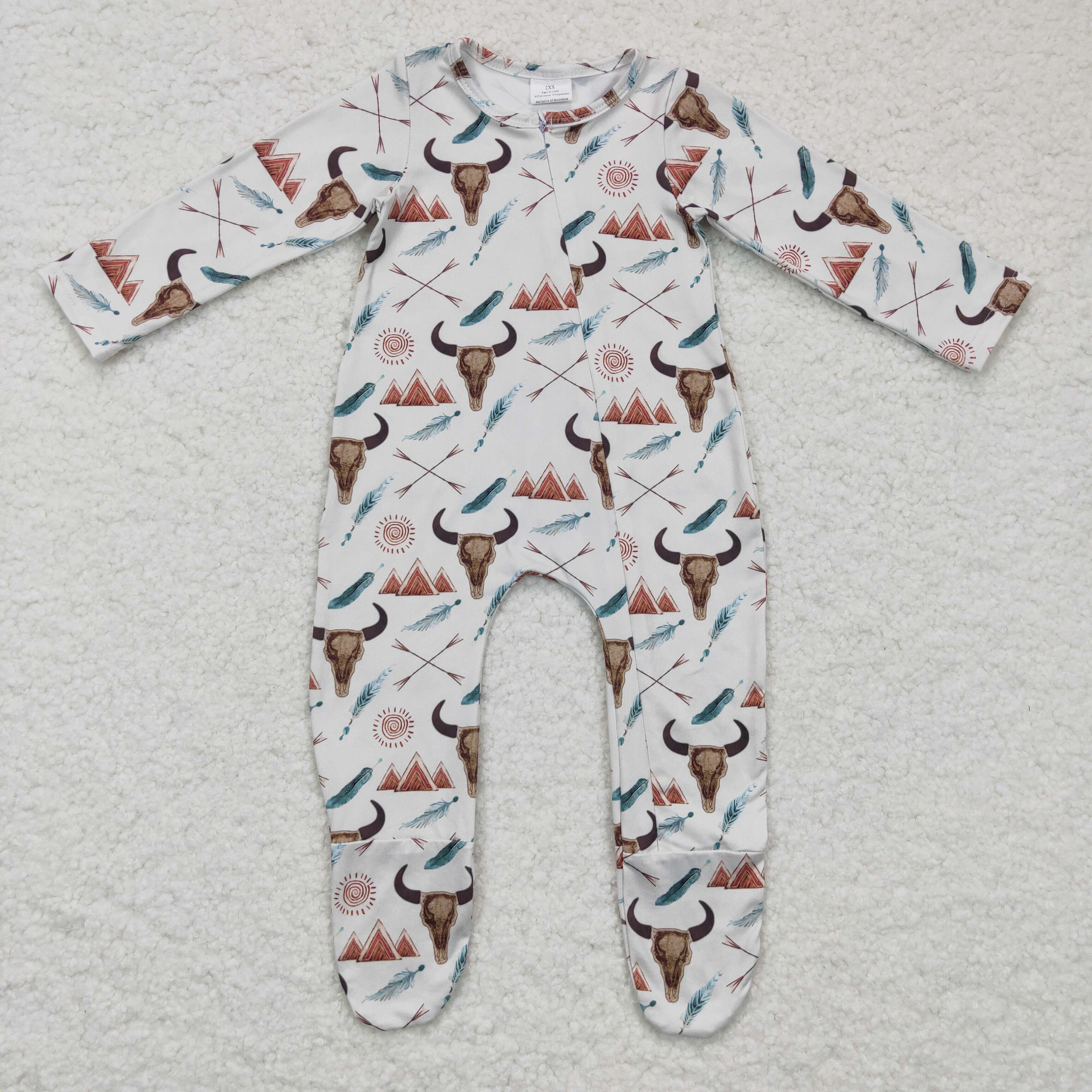 Bull skull teepee kids baby footed zipper coverall