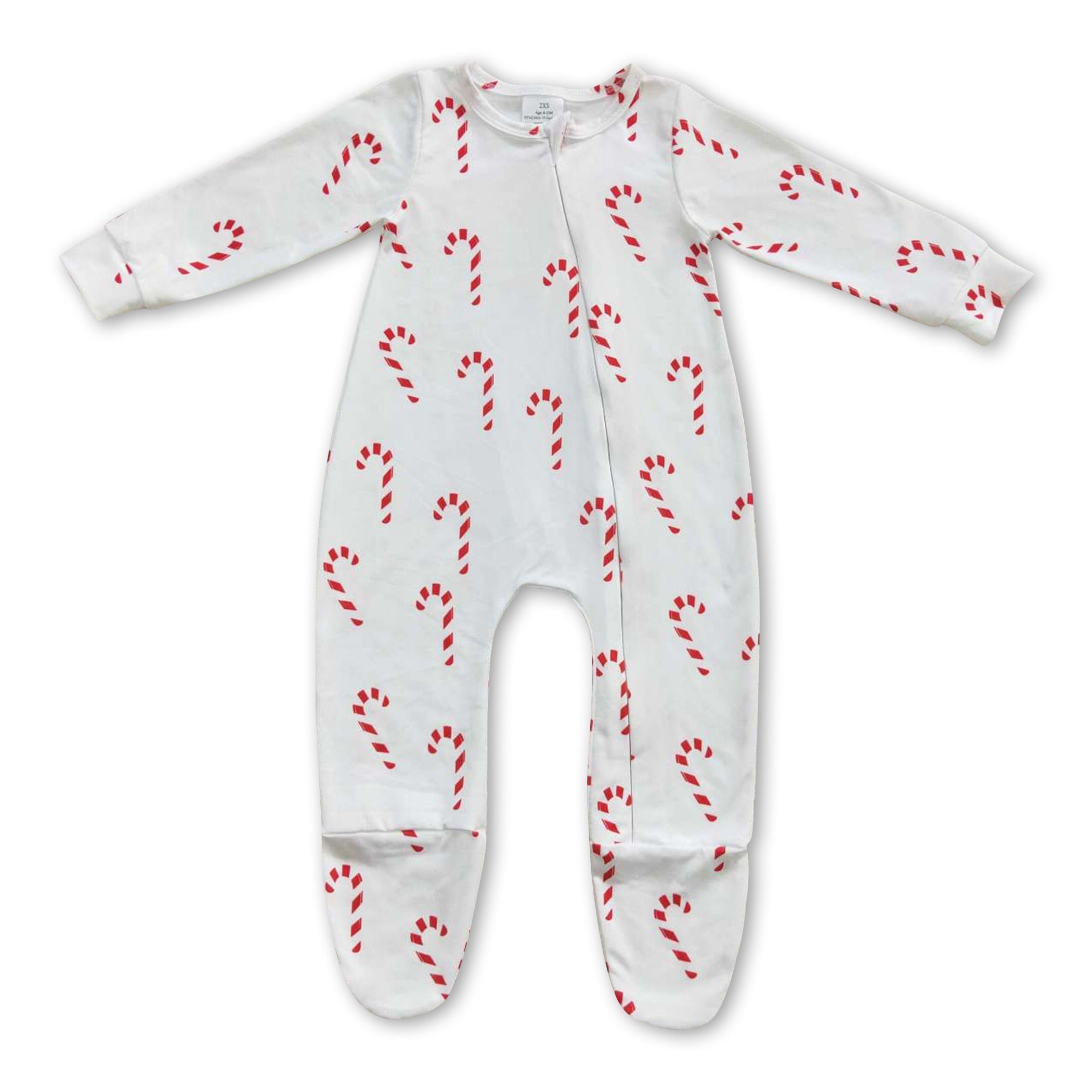Candy cane baby girls ruffle footed zipper Christmas coveralls