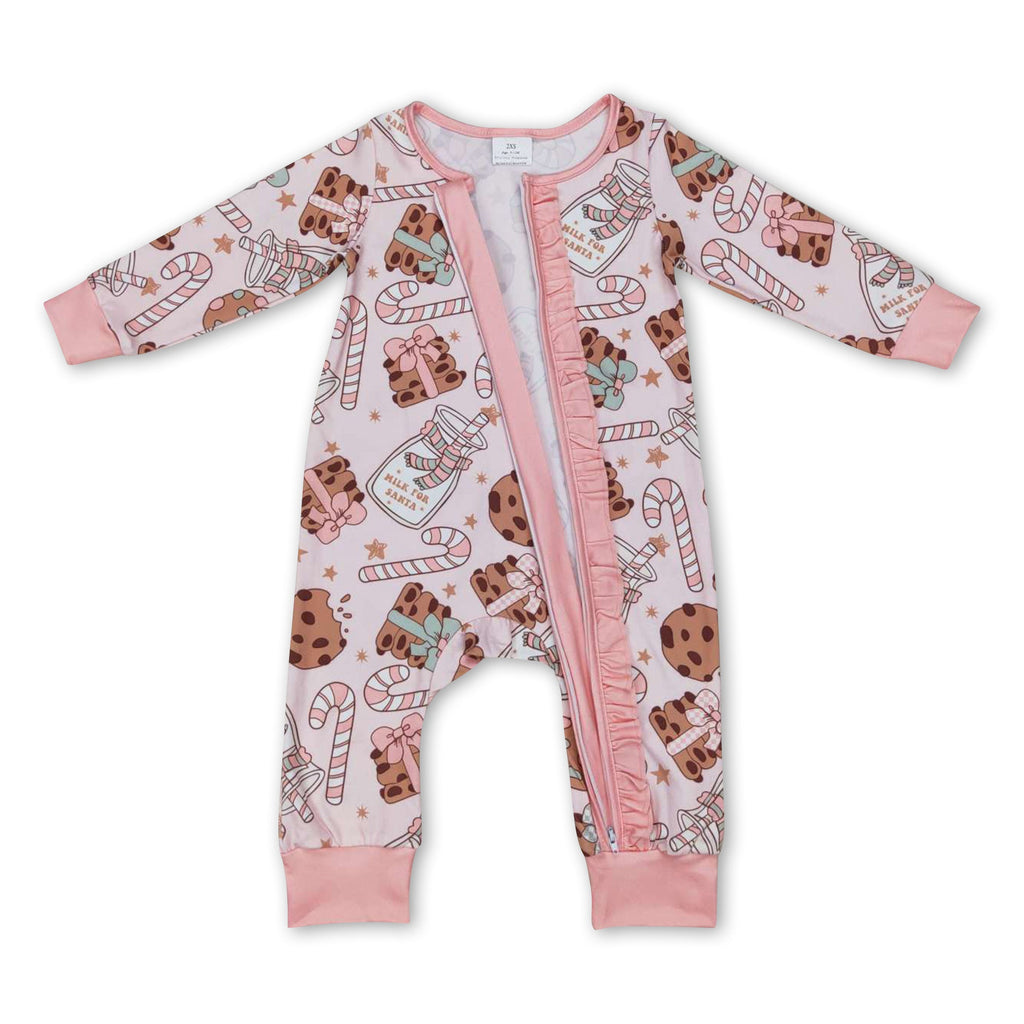 Pink cookie milk candy cane baby girls Christmas zipper romper
