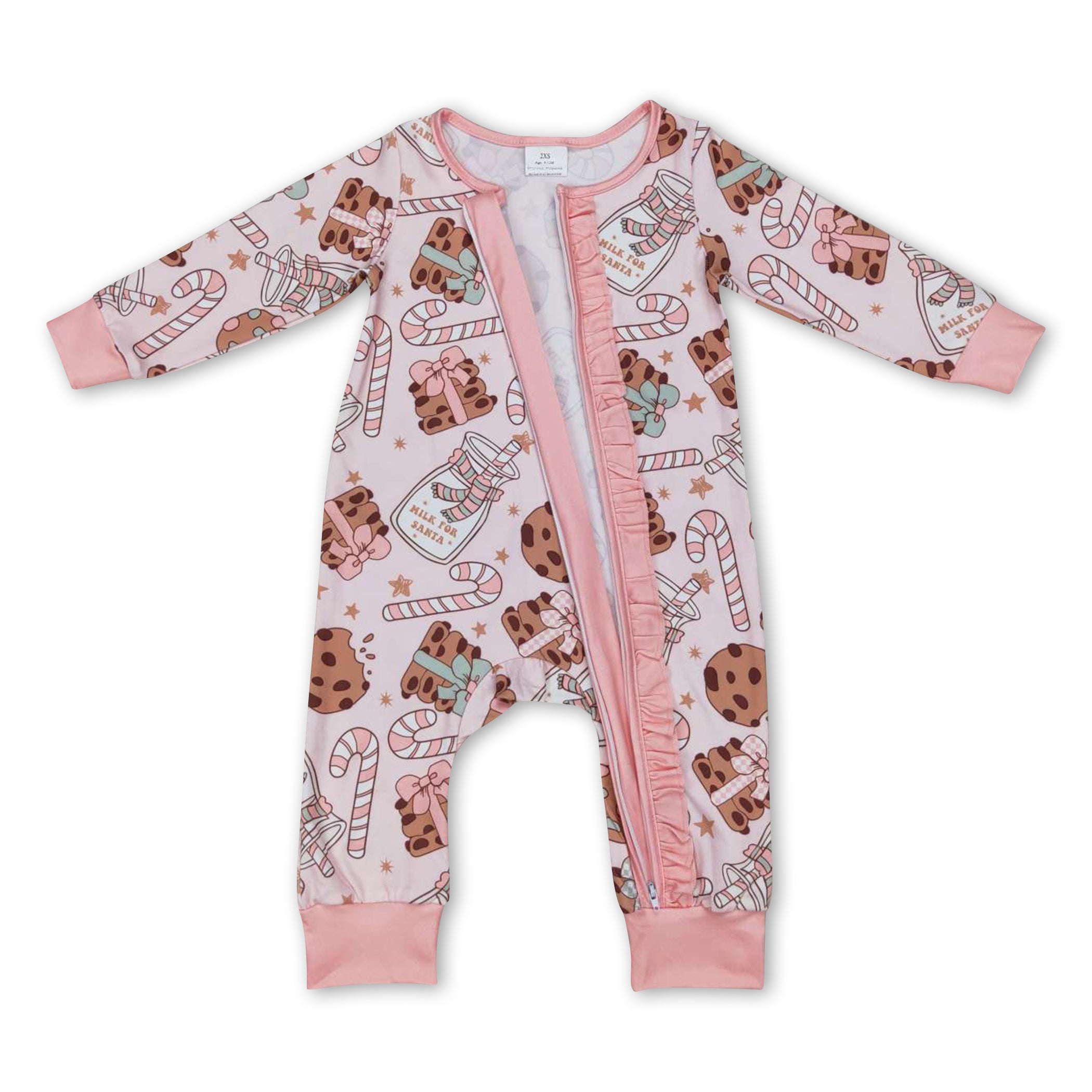 Pink cookie milk candy cane baby girls Christmas zipper romper