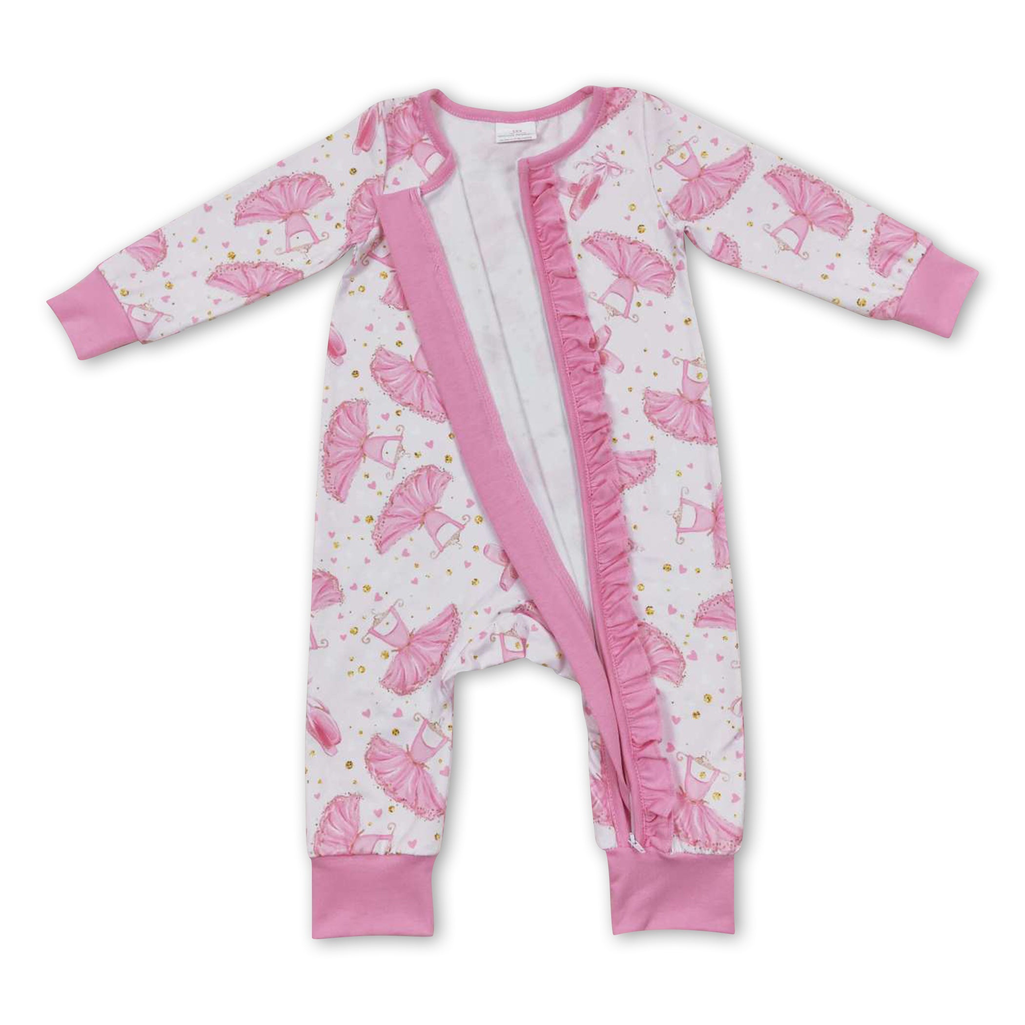 Pink dance ruffle long sleeves baby girls zipper romper