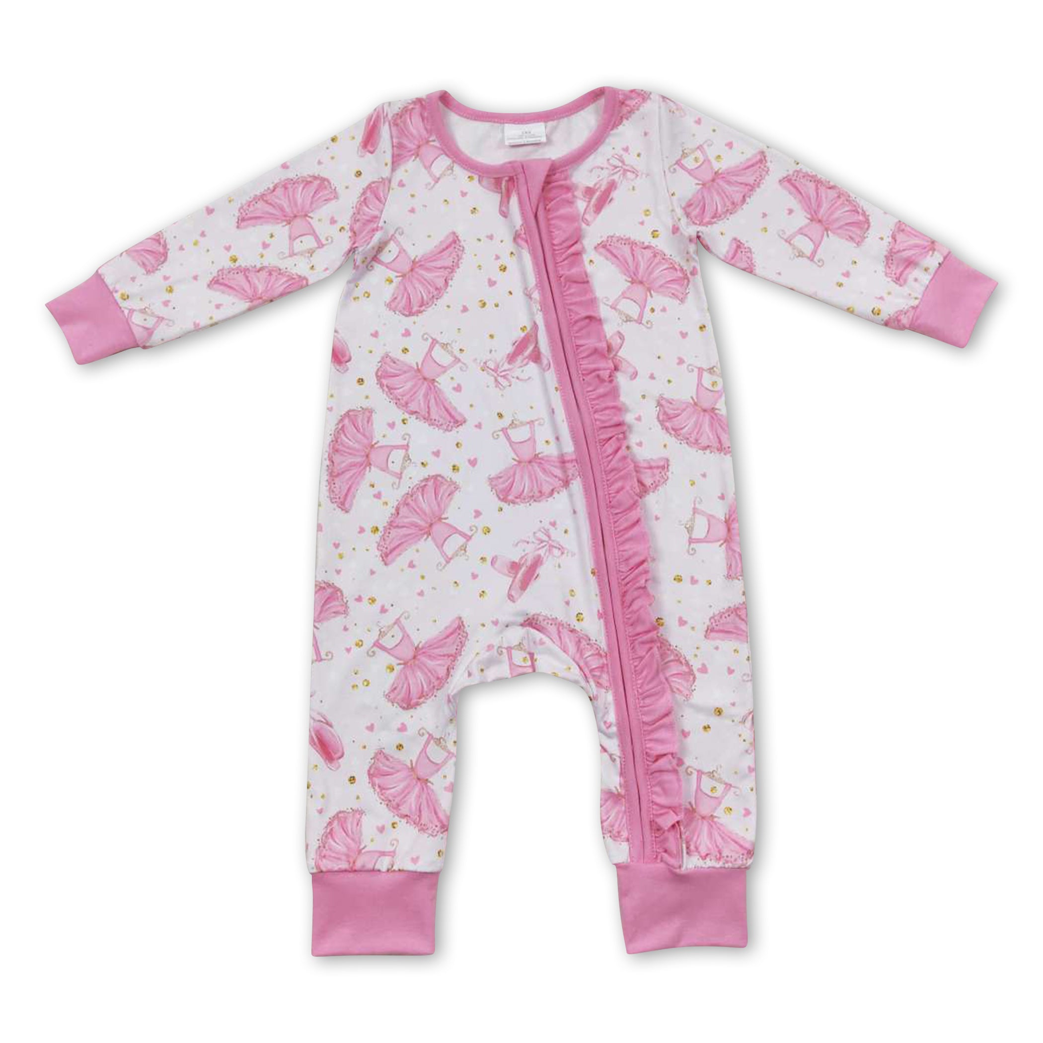 Pink dance ruffle long sleeves baby girls zipper romper
