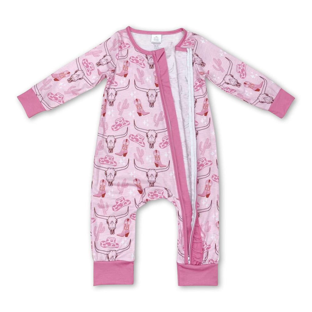 Pink boots cactus bull skull baby girls zipper romper