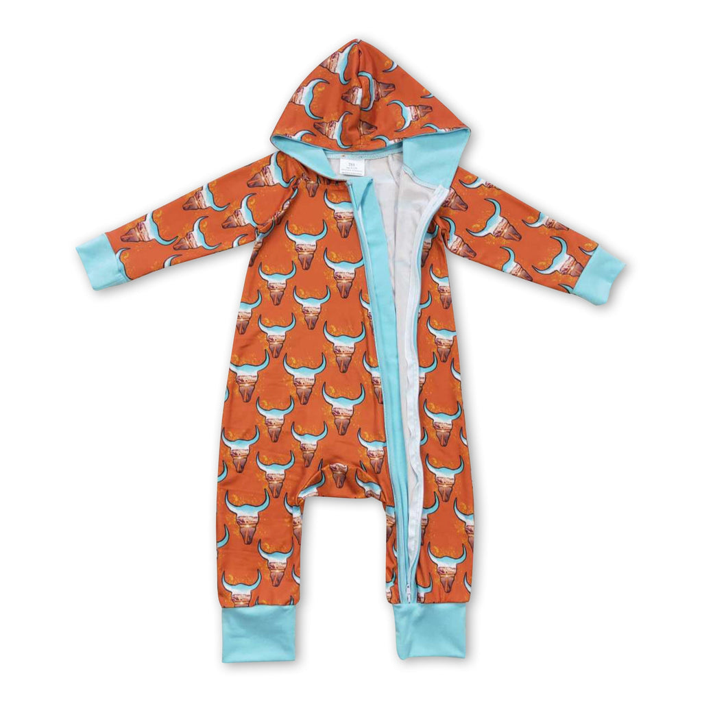 Brown bull skull hooded baby kids zipper western romper