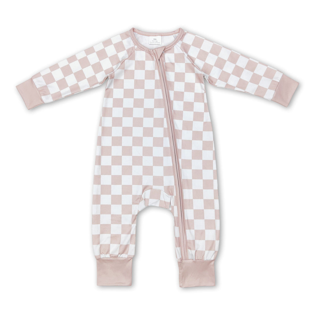 Khaki plaid long sleeves baby kids zipper romper
