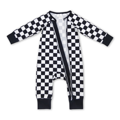 Black plaid long sleeves baby kids zipper romper