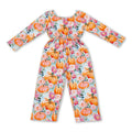Long sleeves pumpkin floral pocket kids girls fall jumpsuit