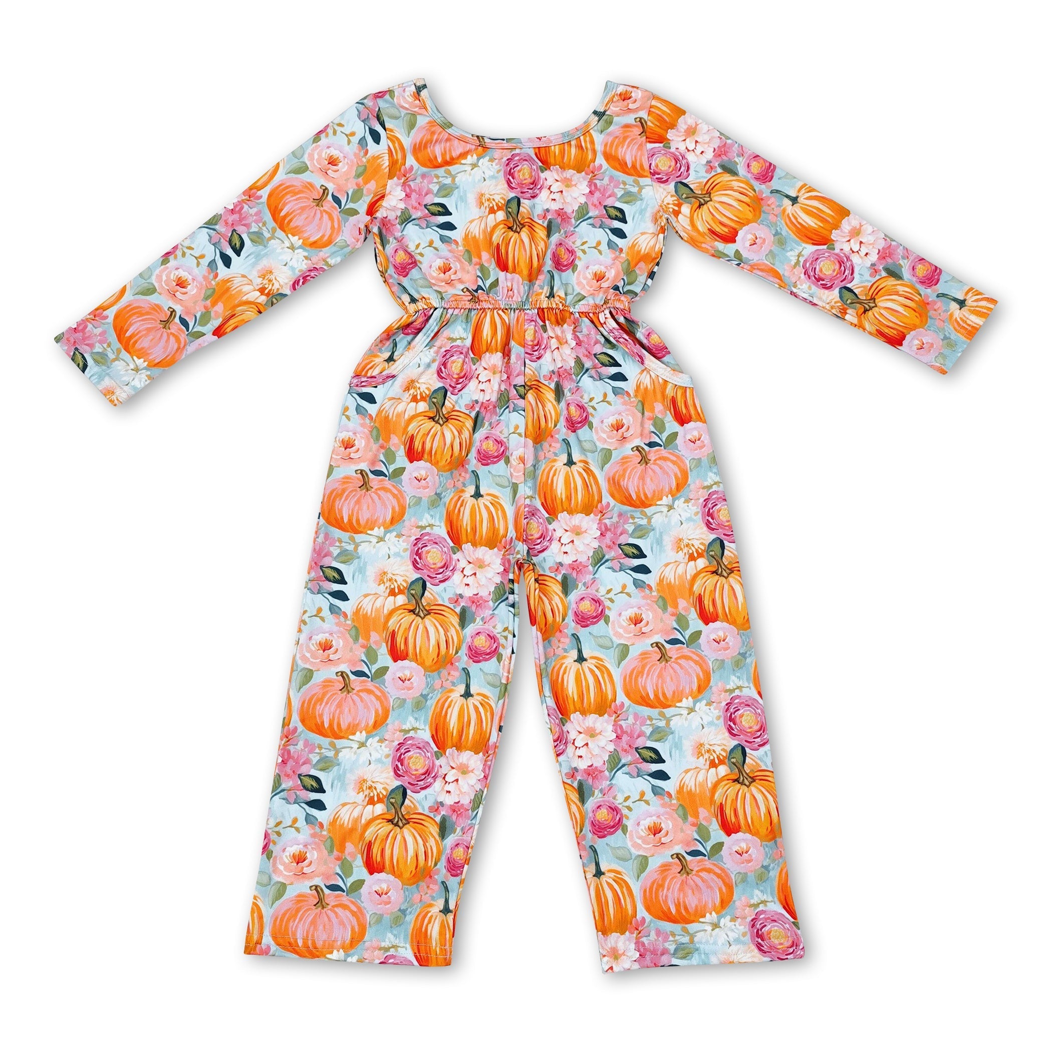 Long sleeves pumpkin floral pocket kids girls fall jumpsuit