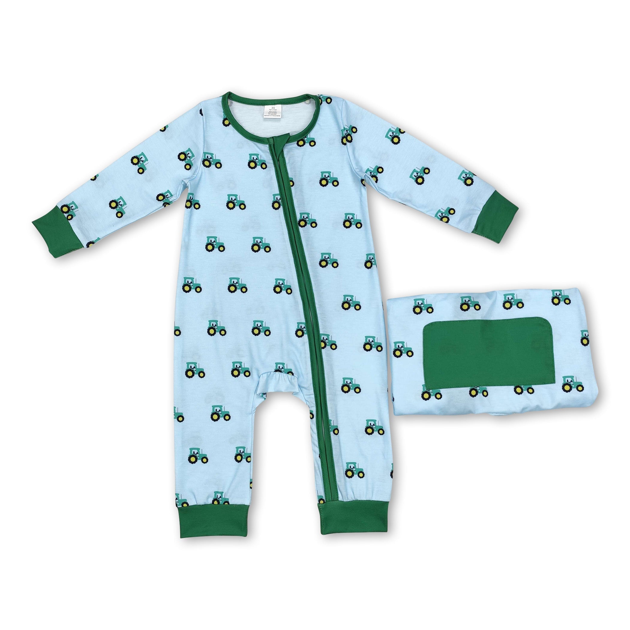Long sleeves green tractor baby boy zipper farm romper