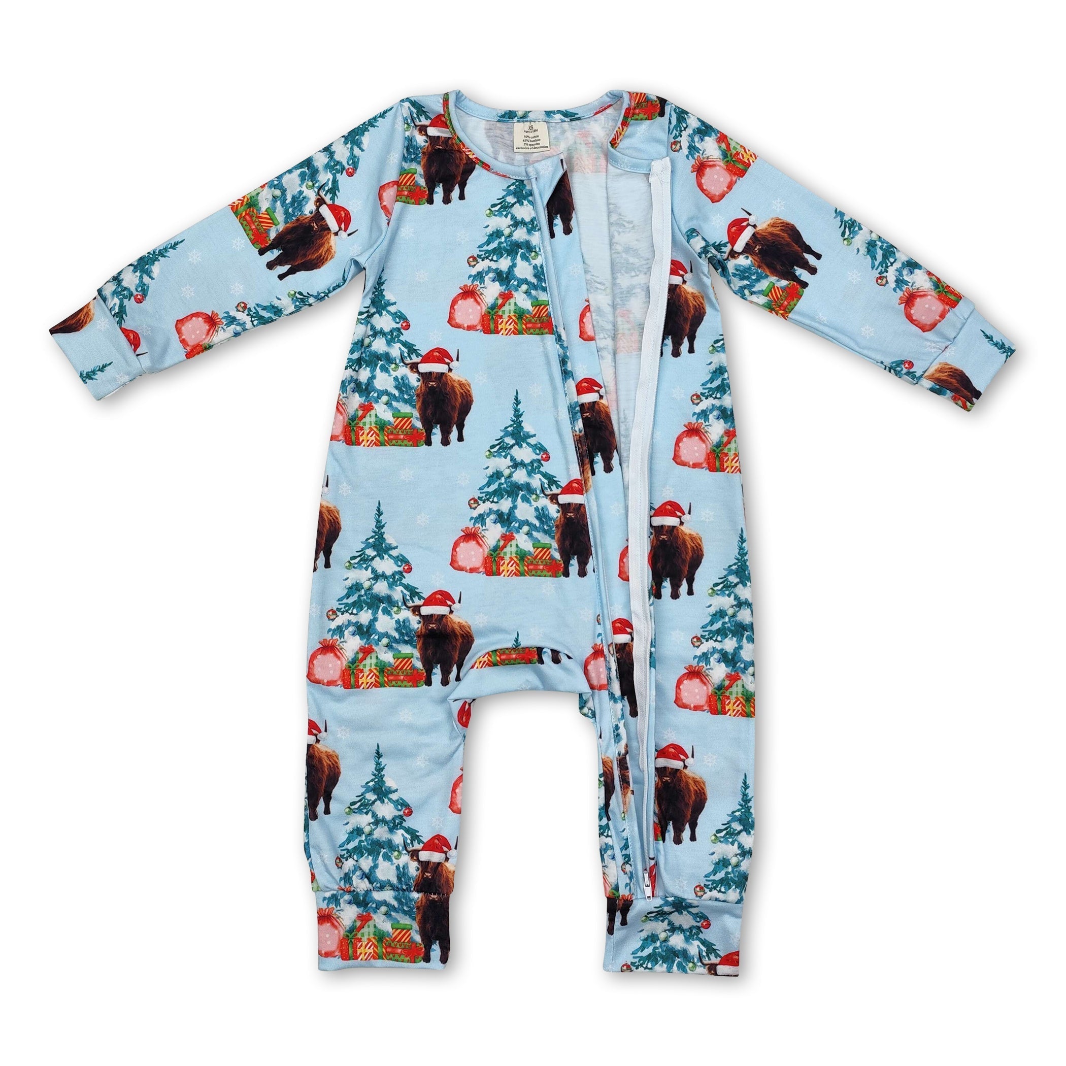 Christmas tree highland cow baby kids zipper romper