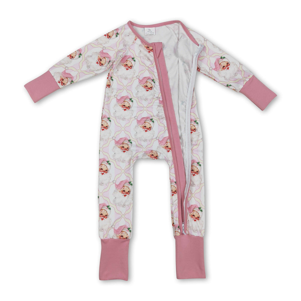 Long sleeves pink stripe santa baby girls Christmas romper