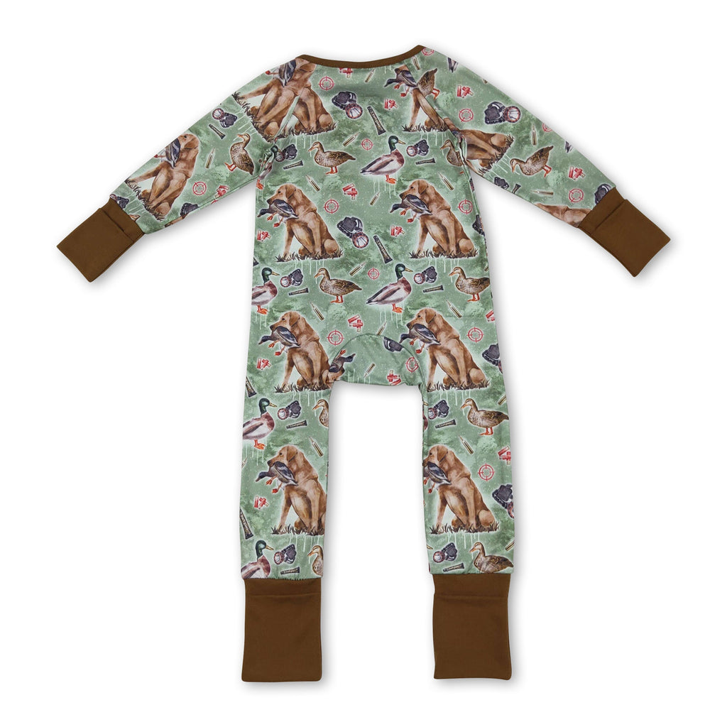 Brown long sleeves dog duck baby boy zipper romper