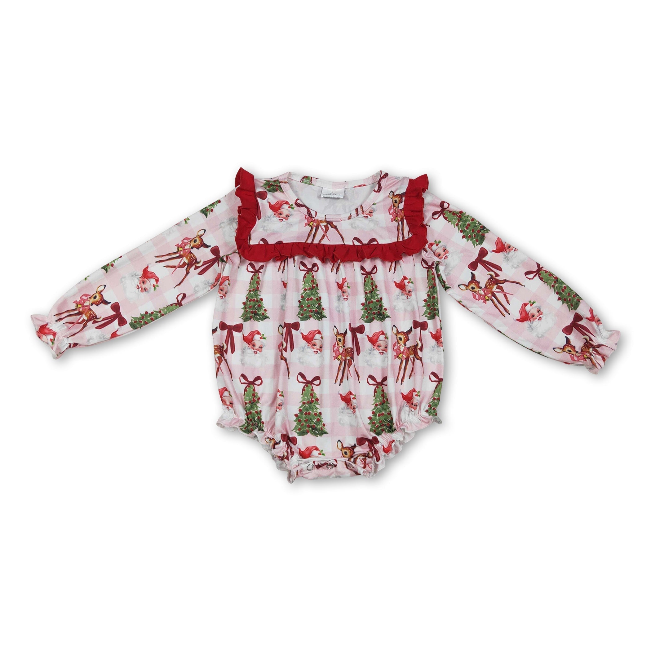 Plaid Christmas tree bow santa deer baby girls romper
