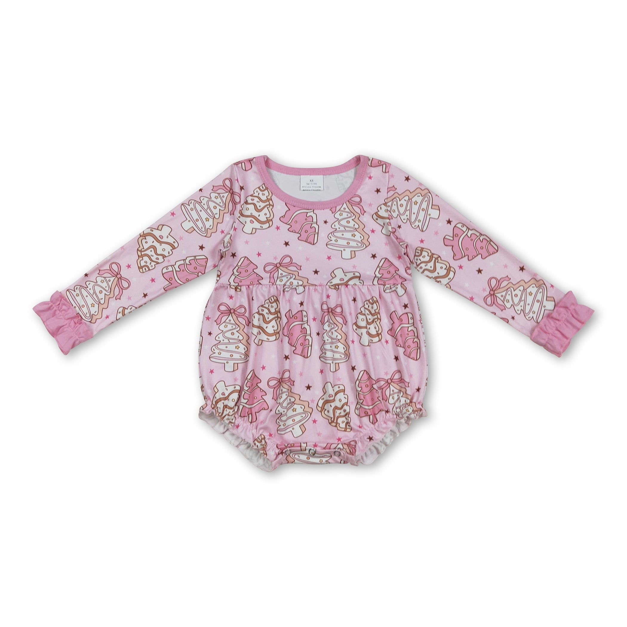 Long sleeves pink bow Christmas tree cake girls romper