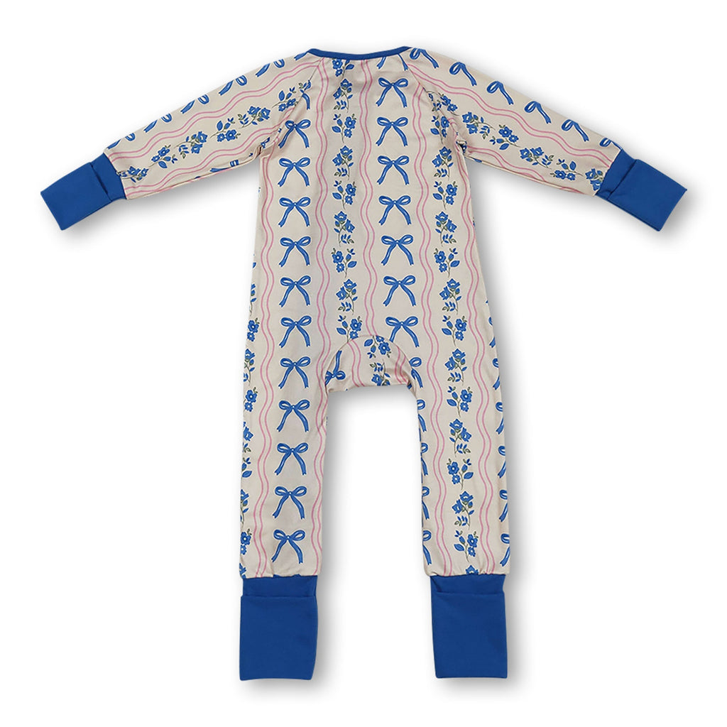 Long sleeves blue bow floral baby girls zipper romper