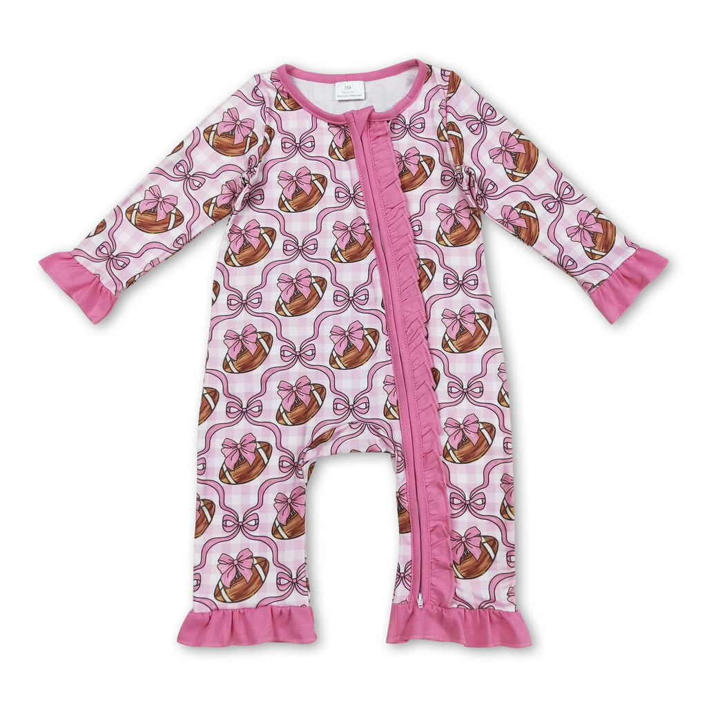 Pink ruffle long sleeves football bow baby girls zipper romper