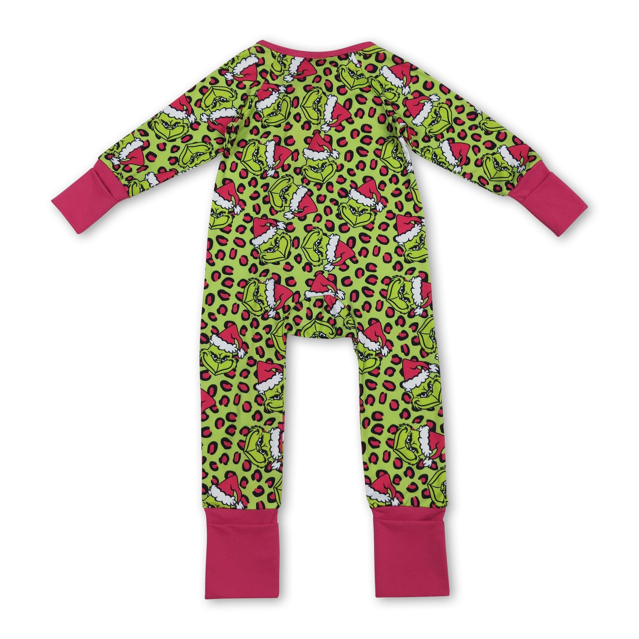 Leopard green face ruffle girls Christmas zipper romper