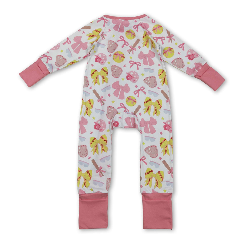 Long sleeves pink bow softball baby girls zipper romper