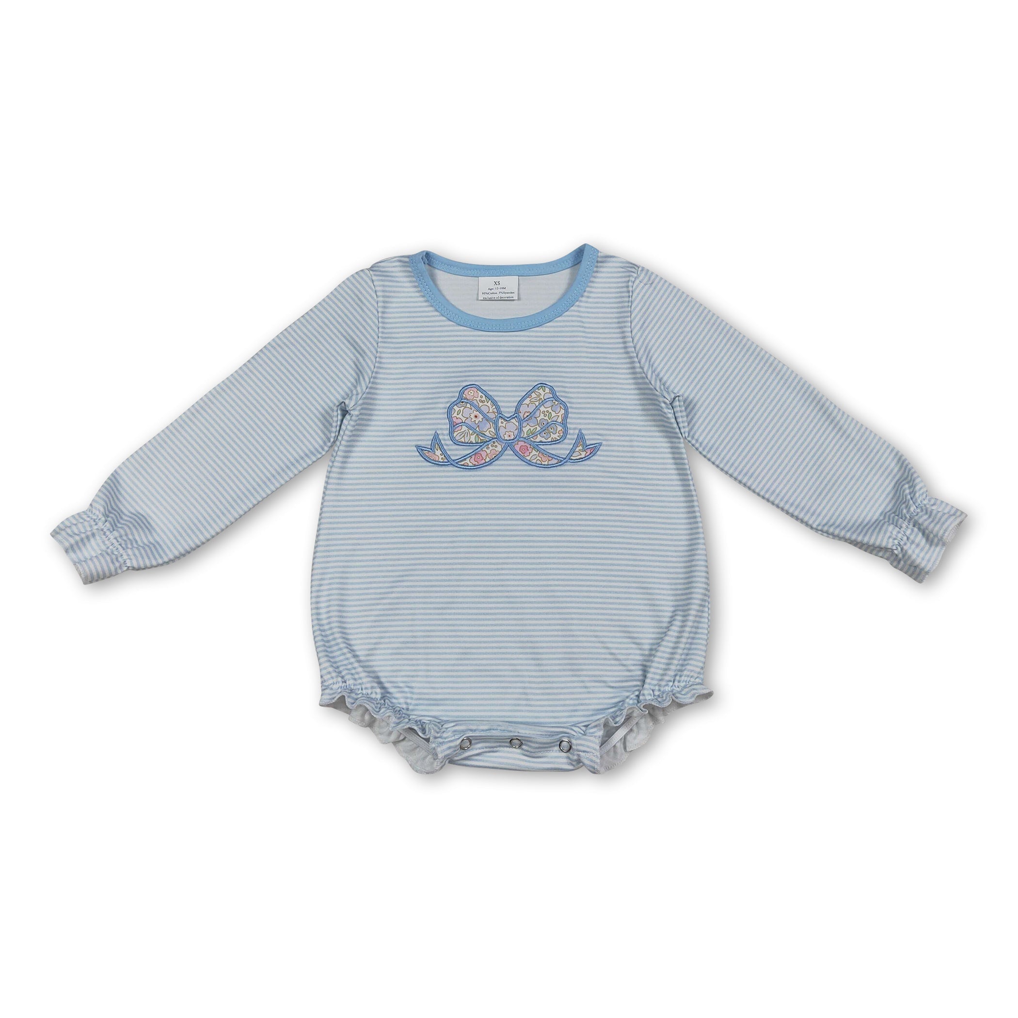 Long sleeves floral bow embroidery stripe baby girl romper