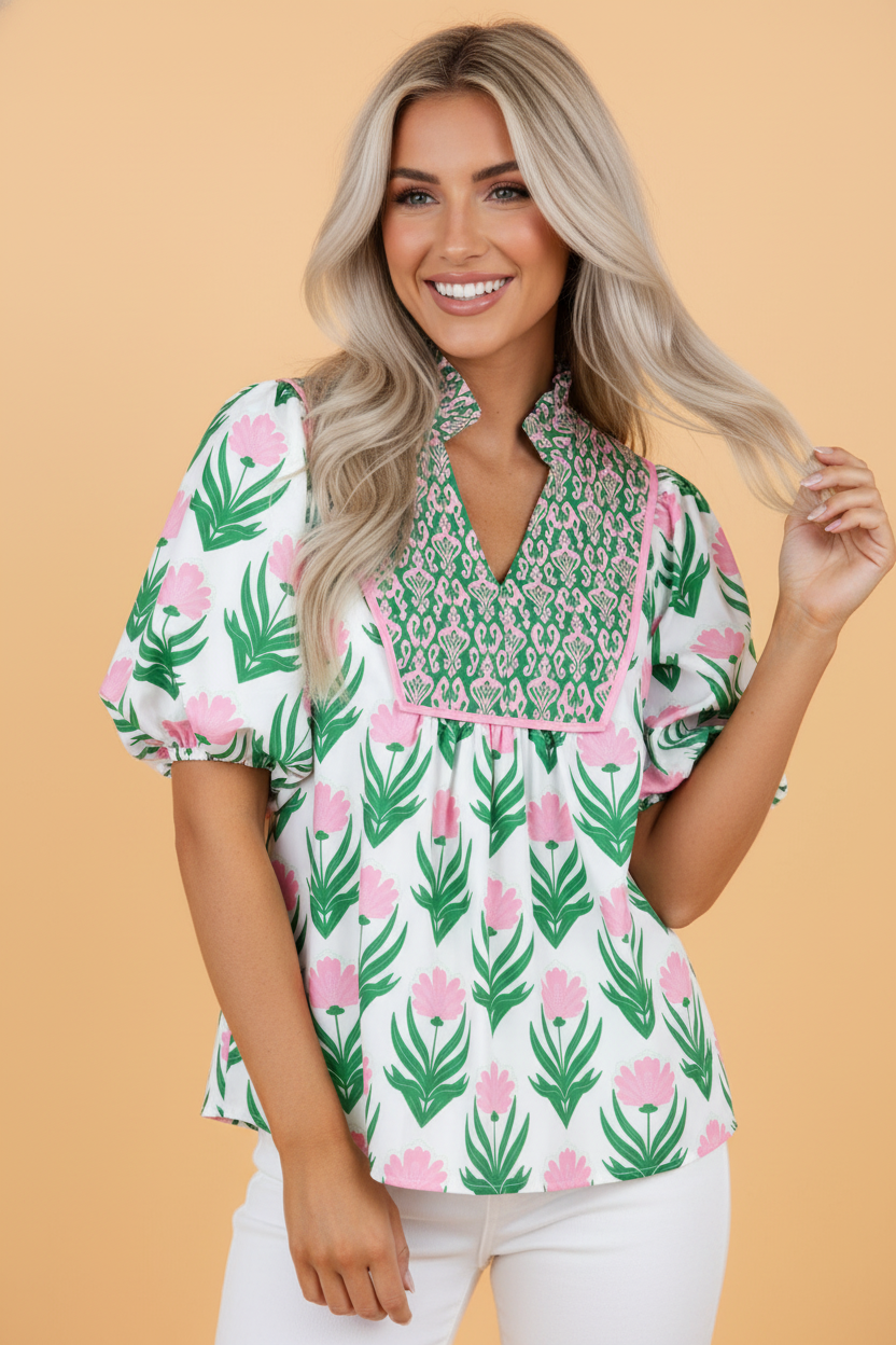 Floral Puff Sleeve Contrast V-Neck Blouse