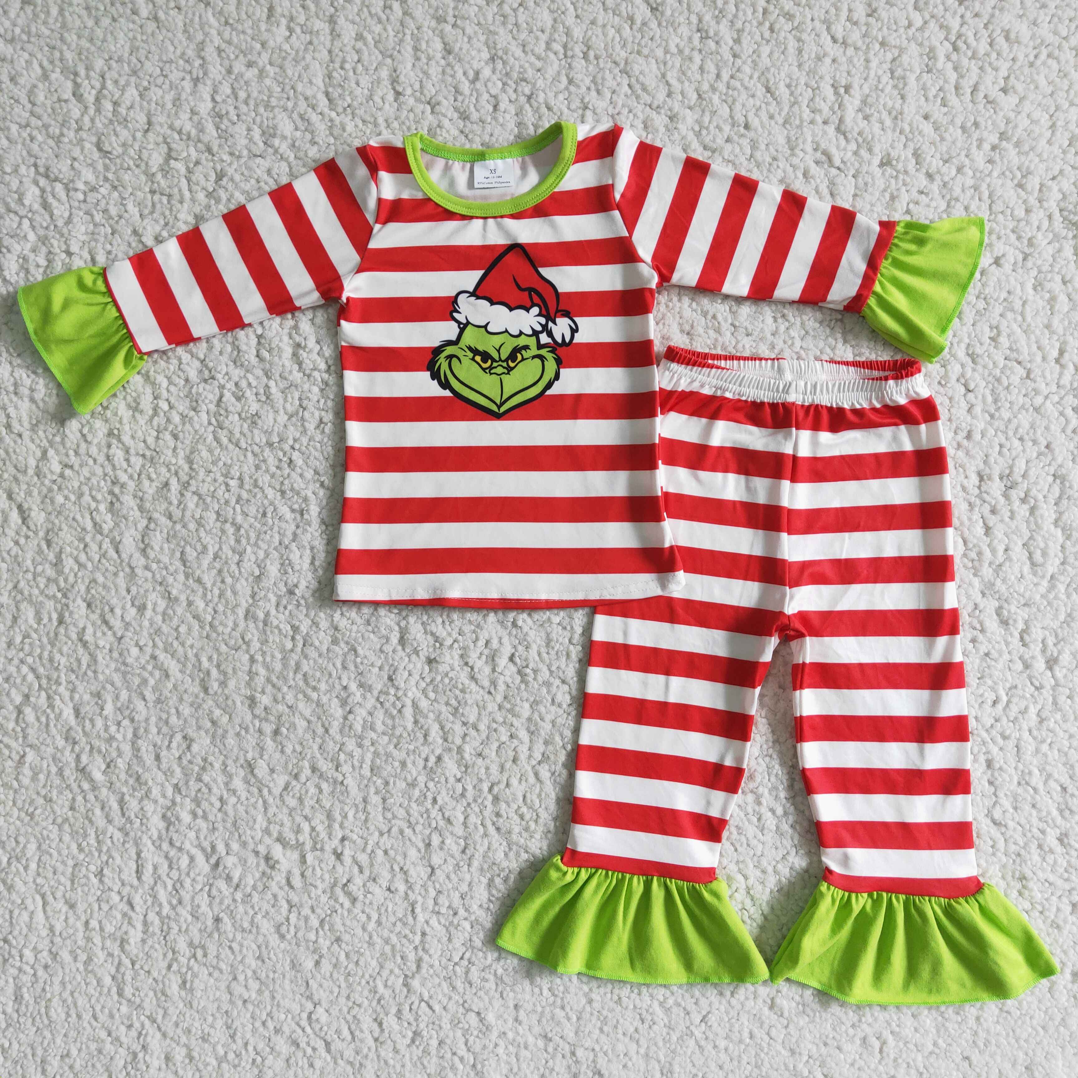 Red stripe green face girls Christmas pajamas