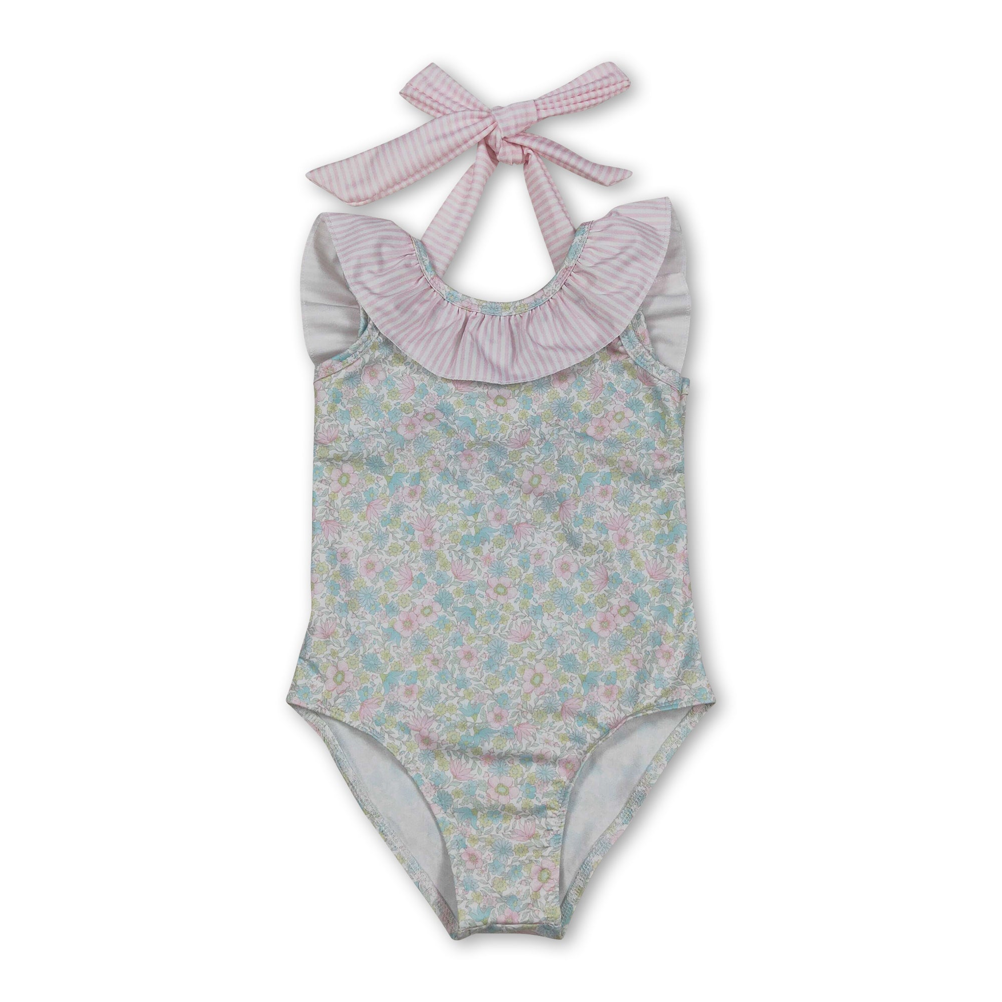 Sleeveless pink stripe ruffle floral girls one piece swimsuit