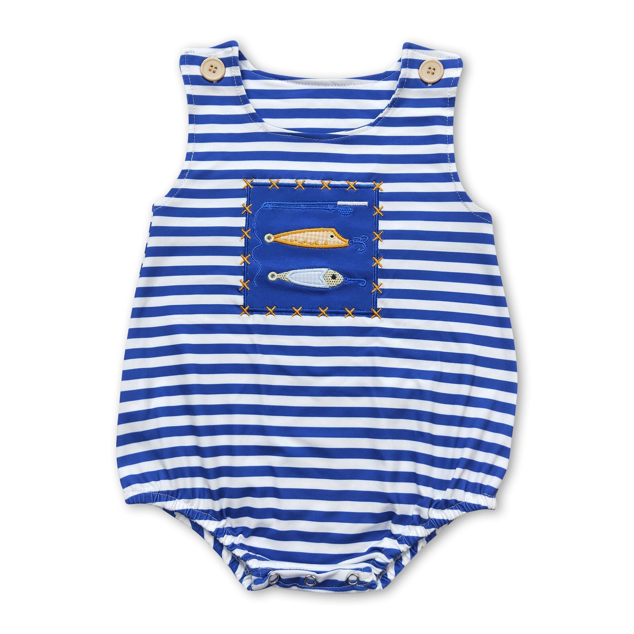 Sleeveless navy stripe fishing baby boy romper