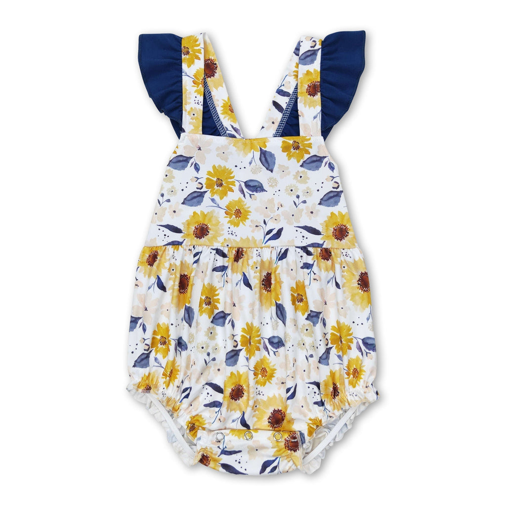 Blue flutter sleeves sunflower baby girls summer romper
