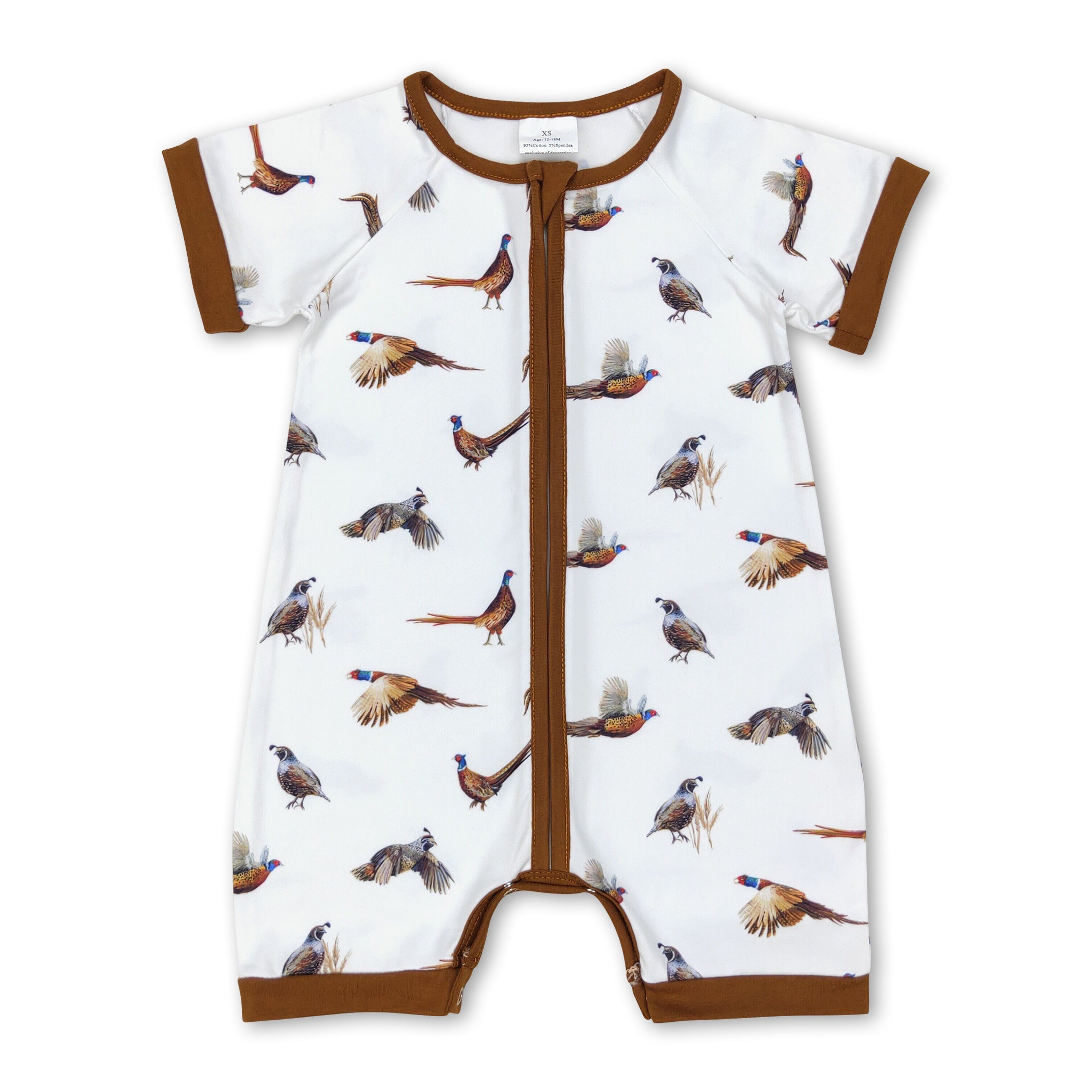 Short sleeves brown pheasant baby boys zip romper