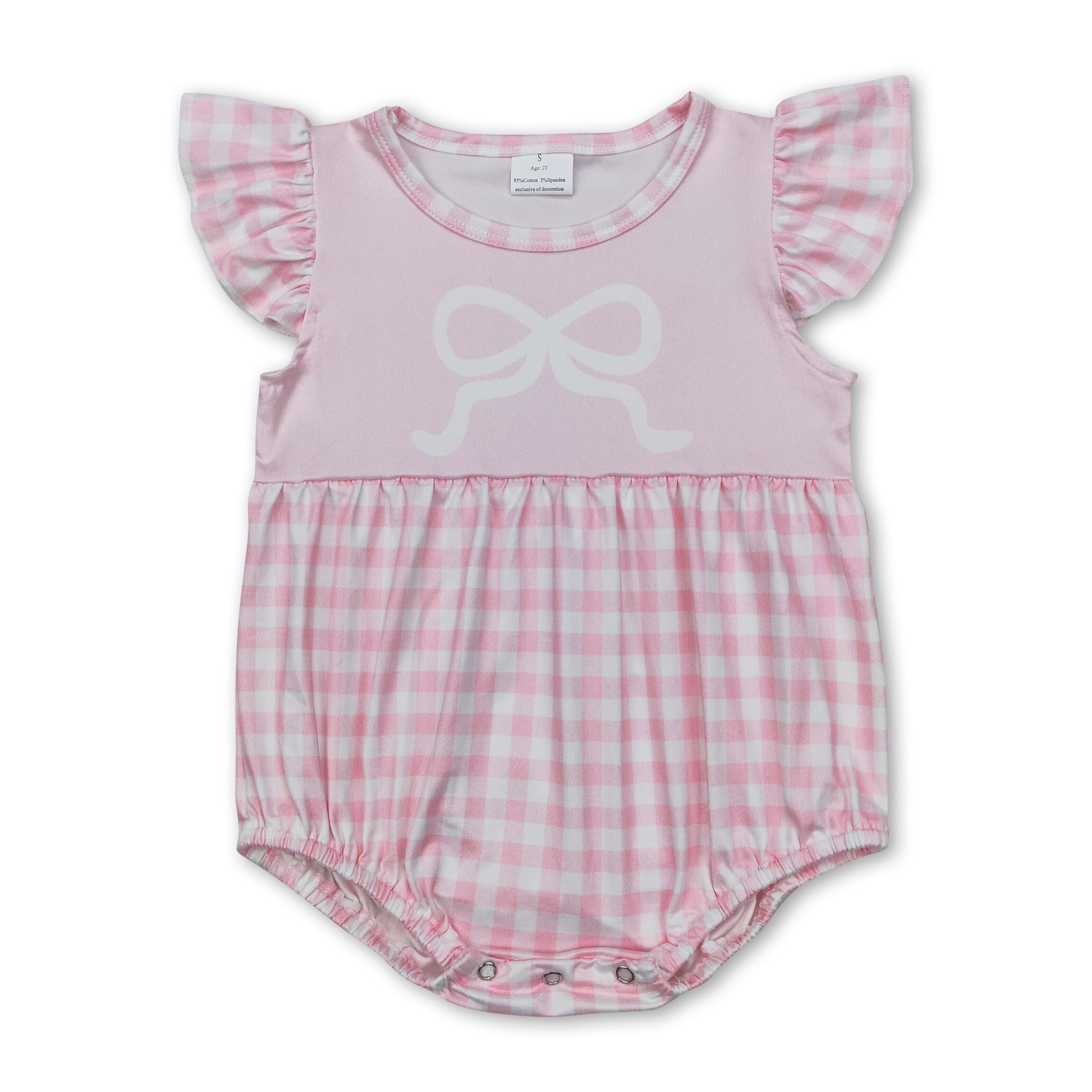 Pink flutter sleeves plaid bow baby girls romper
