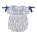 Short sleeves light blue bow floral baby girls summer romper