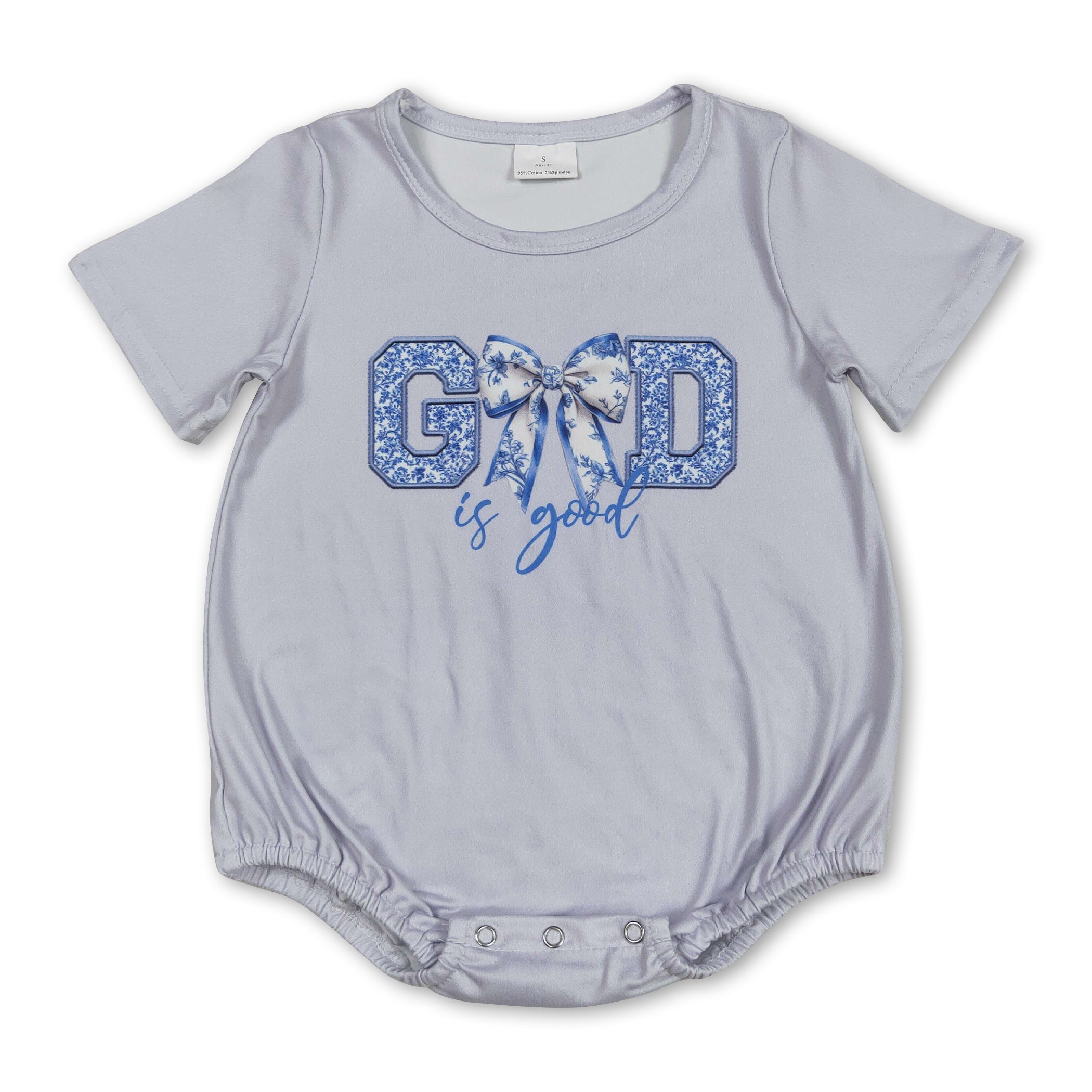 Short sleeves light blue floral bow God is good baby romper