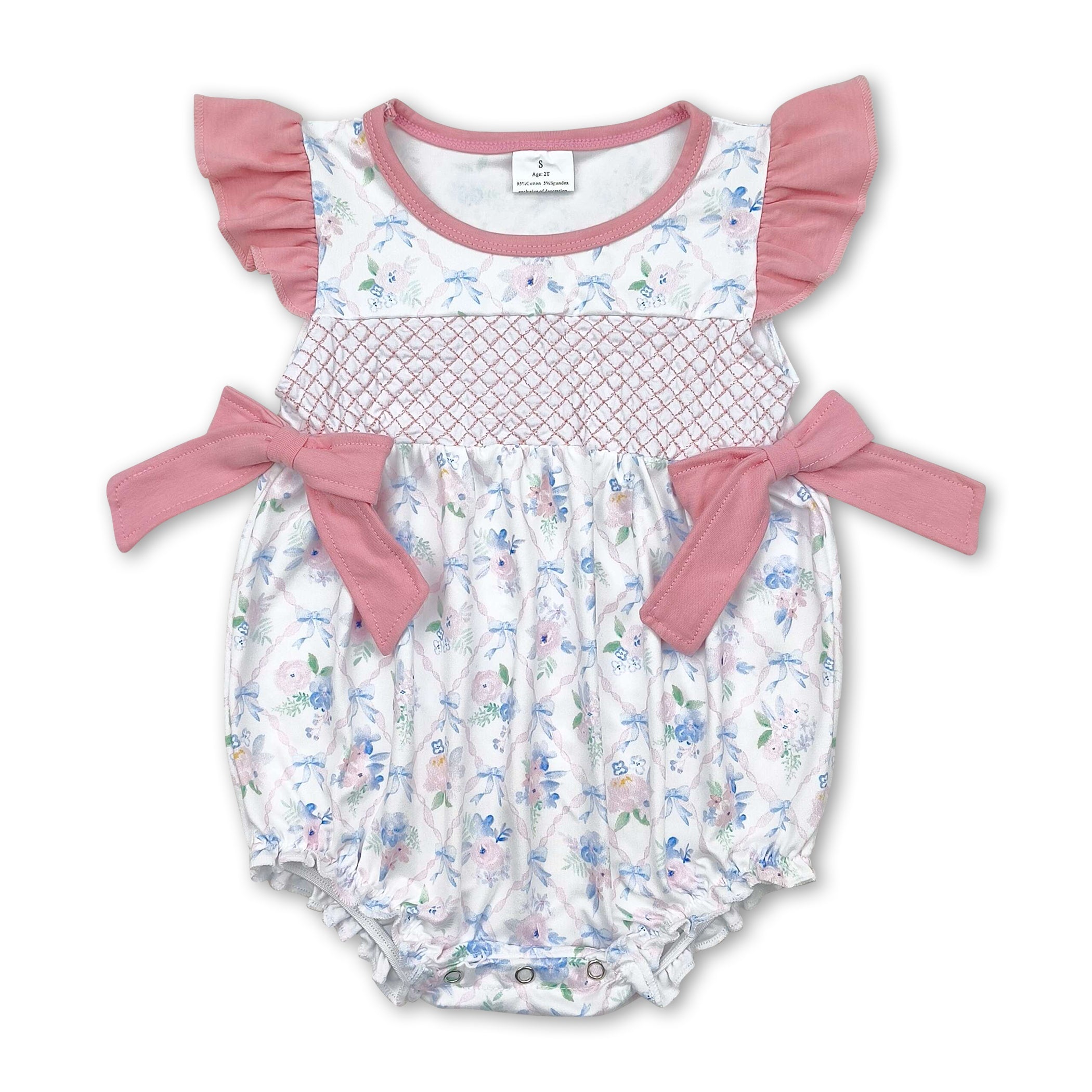 Flutter sleeves floral bow baby girls summer romper