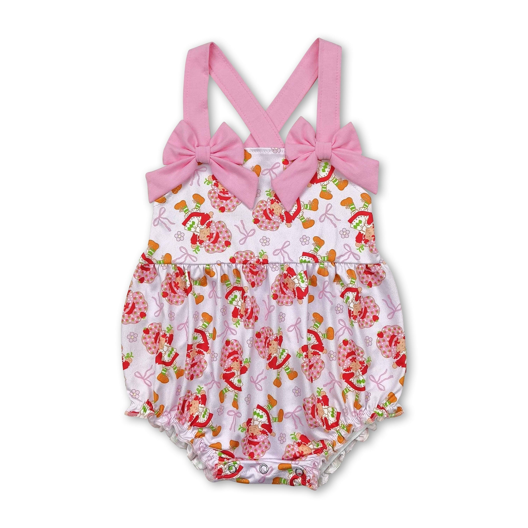 Pink straps strawberry bow baby girls summer romper