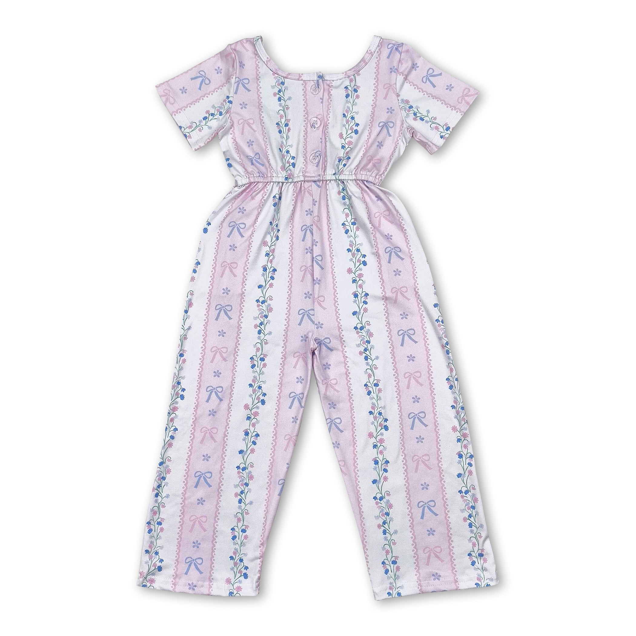 Short sleeves pink bow floral pockets girls jumpsuit