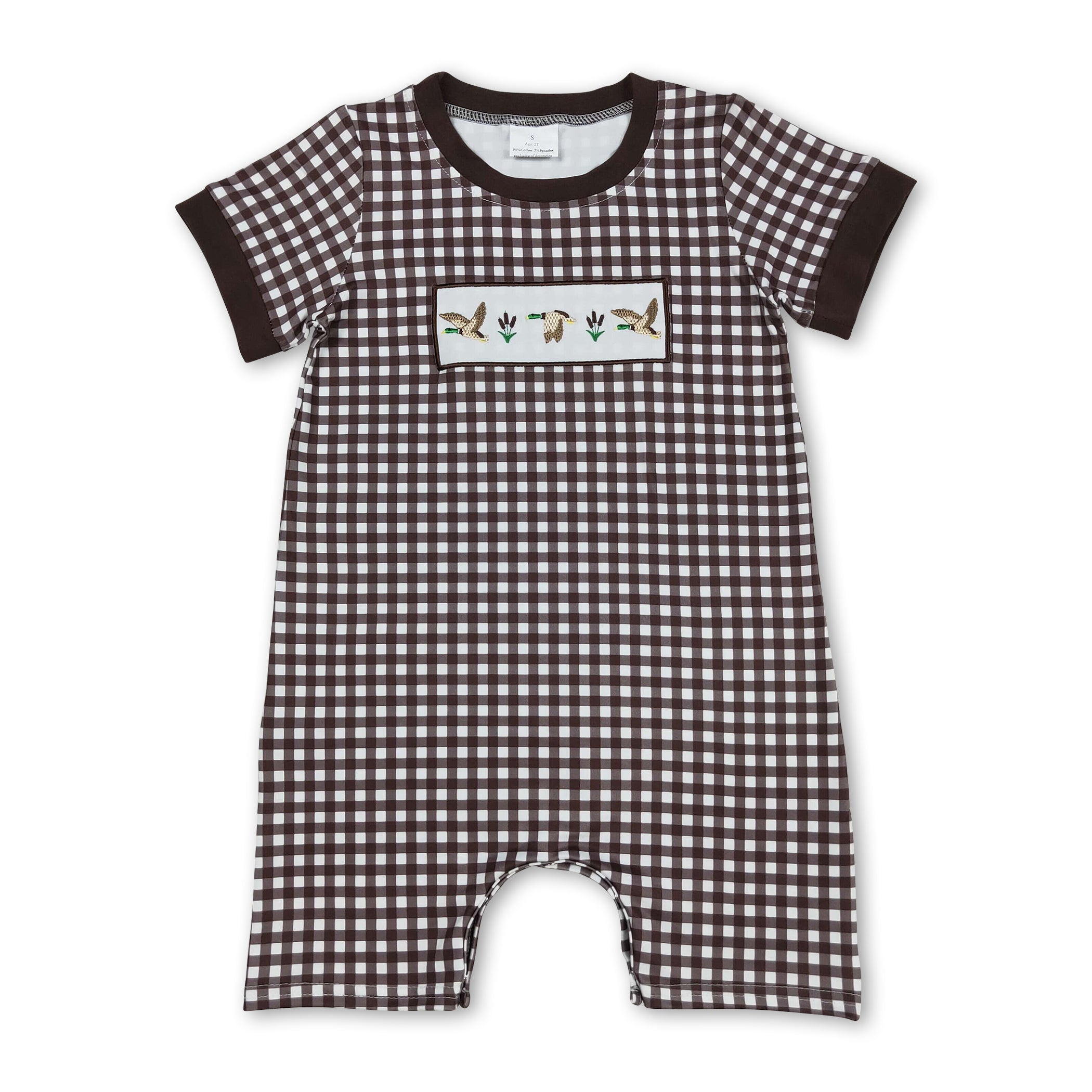 Short sleeves brown plaid duck baby boy romper