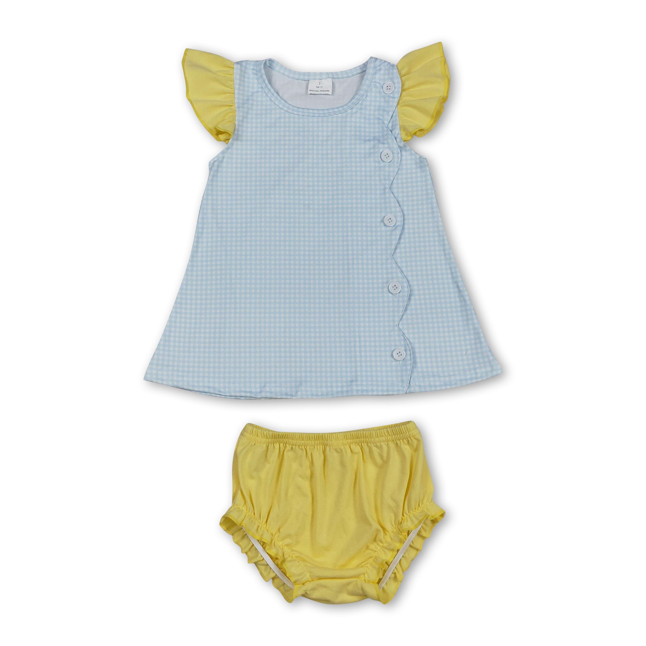 Flutter sleeves plaid tunic yellow bummies baby girls set