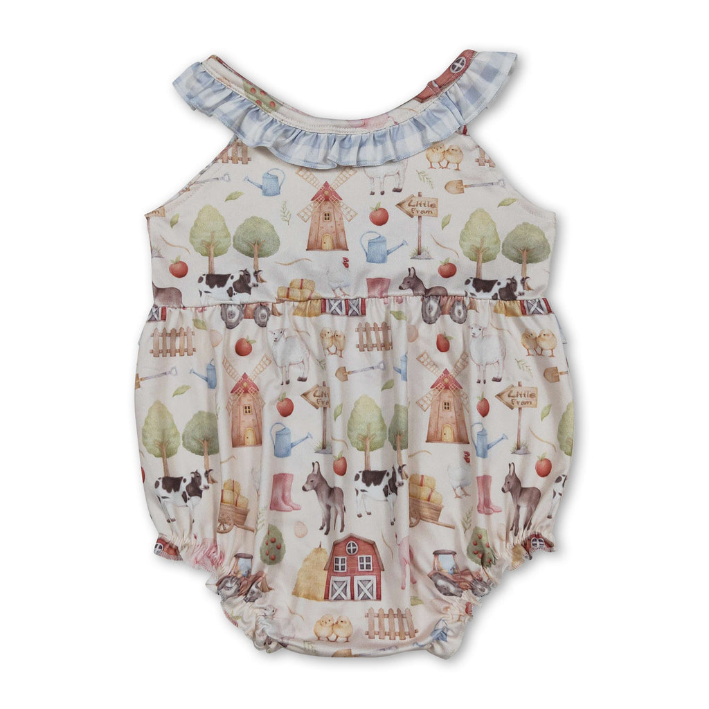 Sleeveless plaid ruffle farm baby girls romper