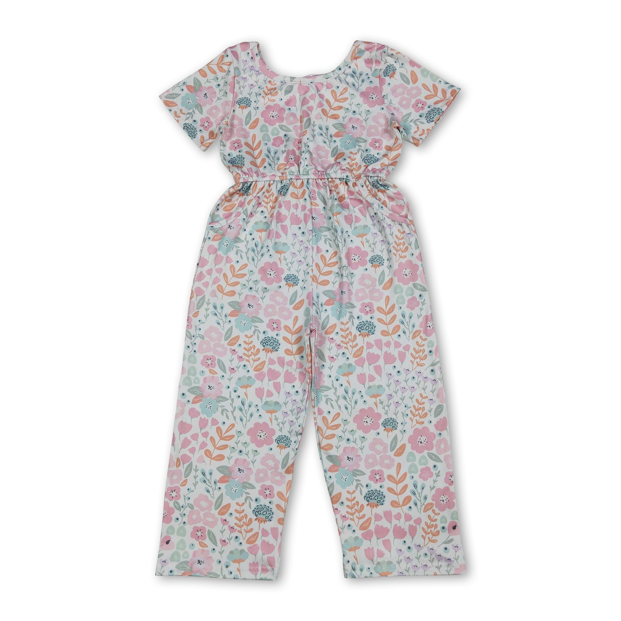 Short sleeves pink floral pockets kids girls jumpsuit
