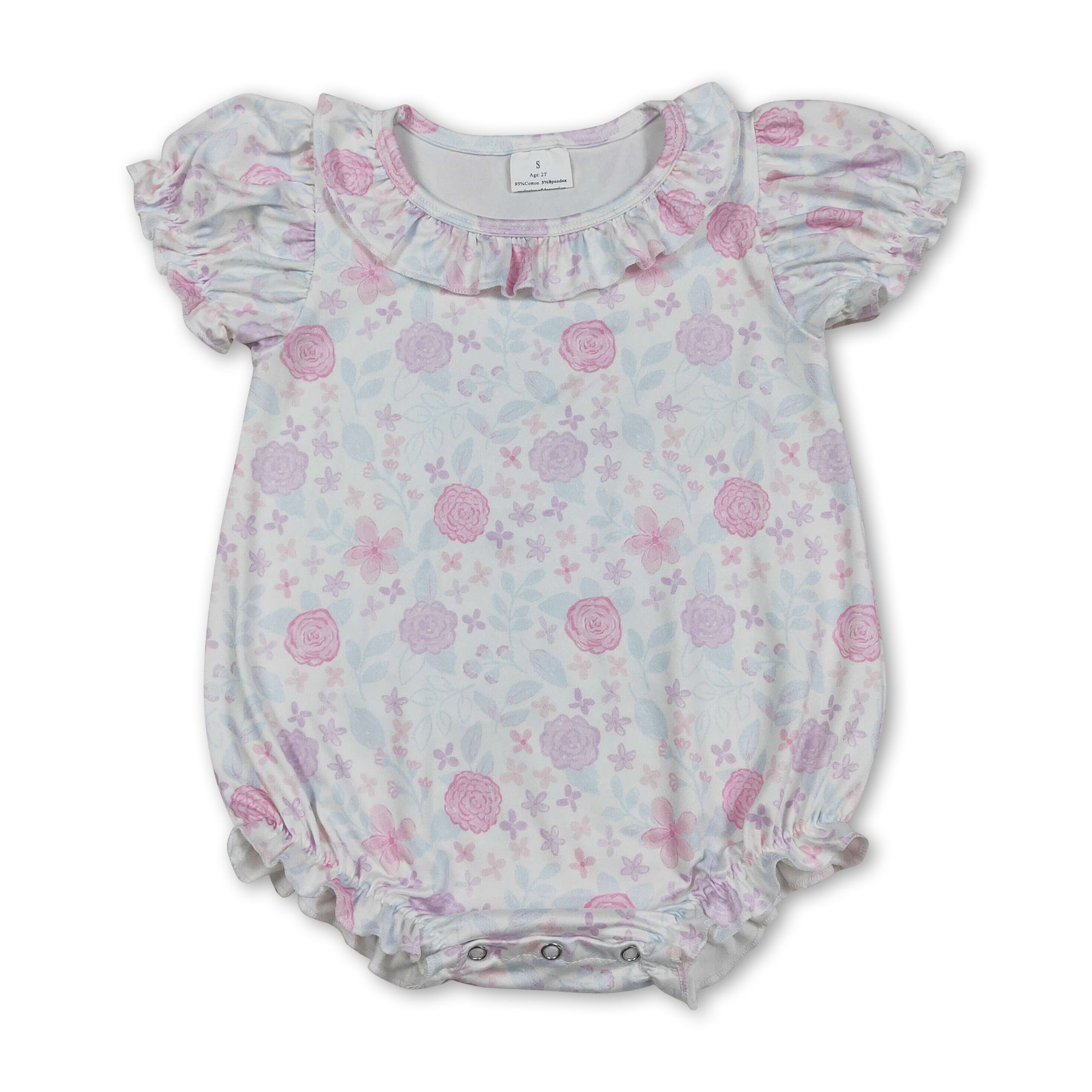 Short sleeves pink lavender floral ruffle baby girl romper