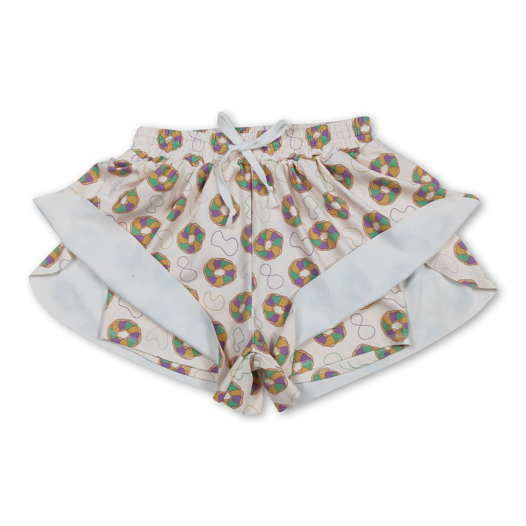 Purple green yellow donut women Mardi Gras active shorts