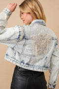 80037J - Acid Washed Shoulder Beading Denim Jacket: LIGHT WASH / S
